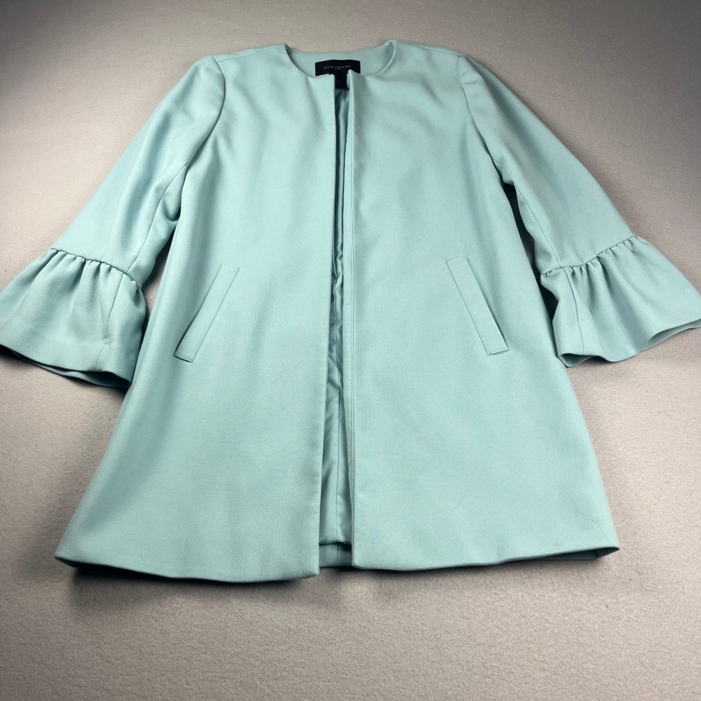Ann Taylor Factory Light Blue Open Front Ruffle Bell Sleeve Coat Womens Small